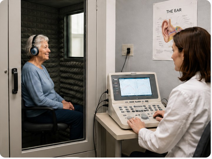 An older patient sits in a sound booth while an audiologist runs the hearing test from a console outside it.