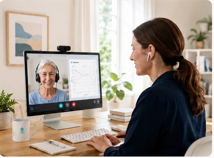 An audiologist at a home desk runs the same hearing test over a video call, the patient and her audiogram on screen.